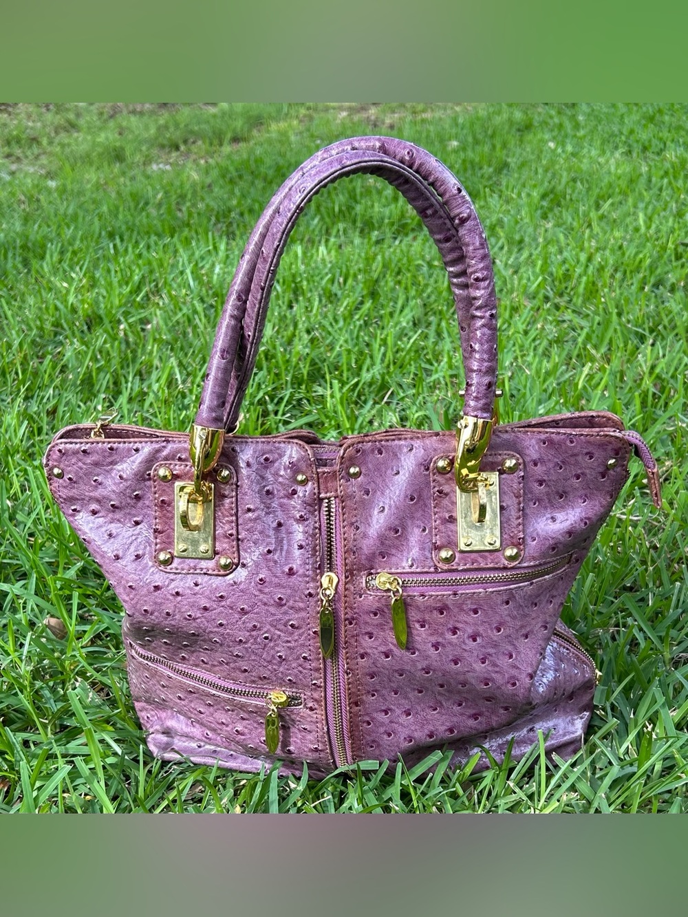 Rare Vintage Central Casting Accessories Plum Textured Tote with Gold Hardware